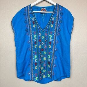 Johnny Was Blue linen embroidered Sleeveless blouse